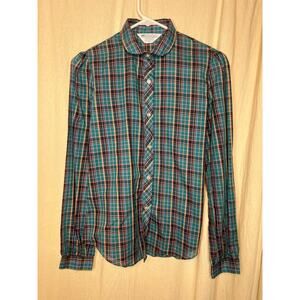 1970s Montgomery Ward Green Pink Heritage Print Christmas Academia Plaid Shirt M